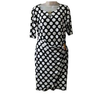 Dress Barn Black & White Large Polka Dot Knee Length Rouched Gold Details Dress